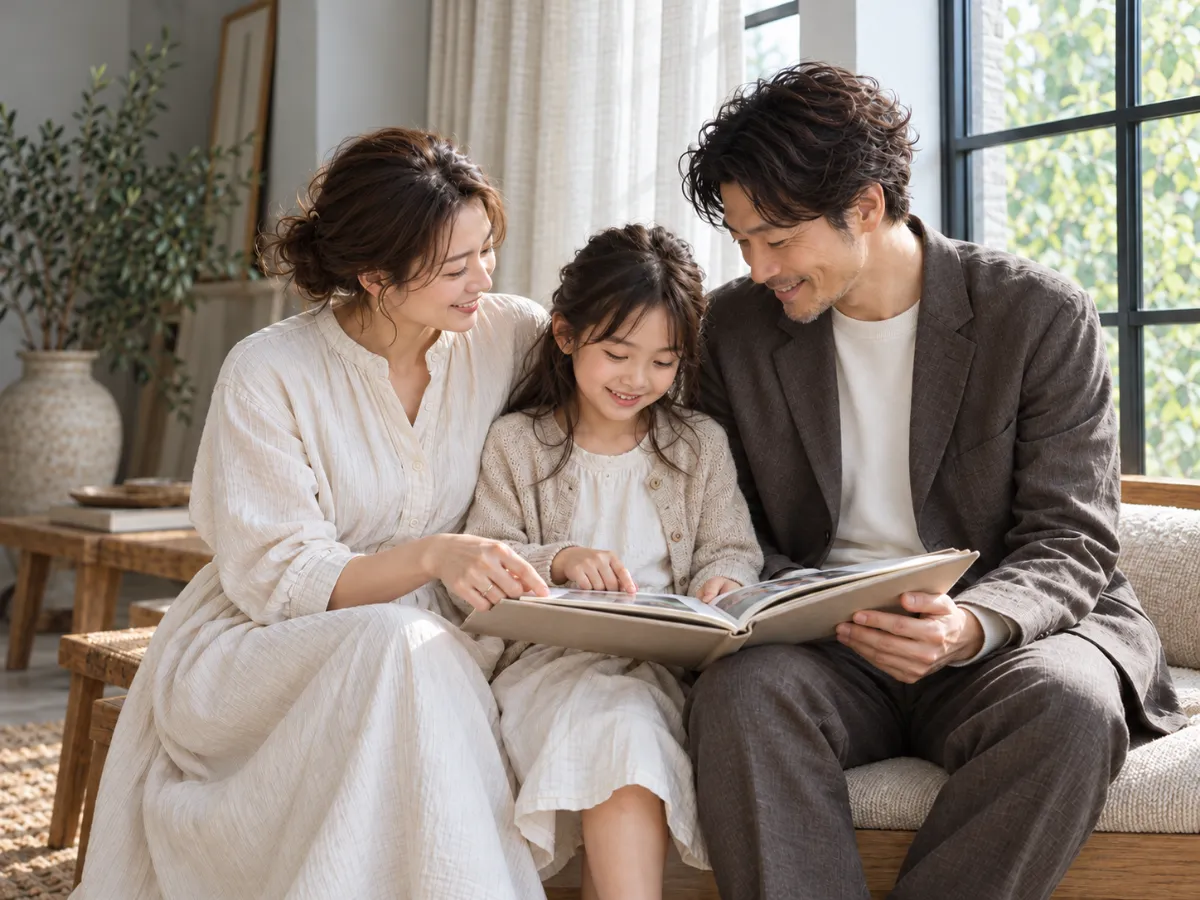 窓辺のソファで、両親と娘が一冊のアルバムを一緒にめくりながら笑っている