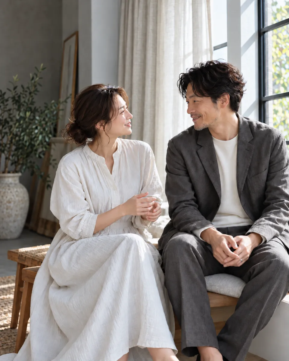 窓辺のベンチに並んで座り、顔を見合わせて笑顔で話す夫婦