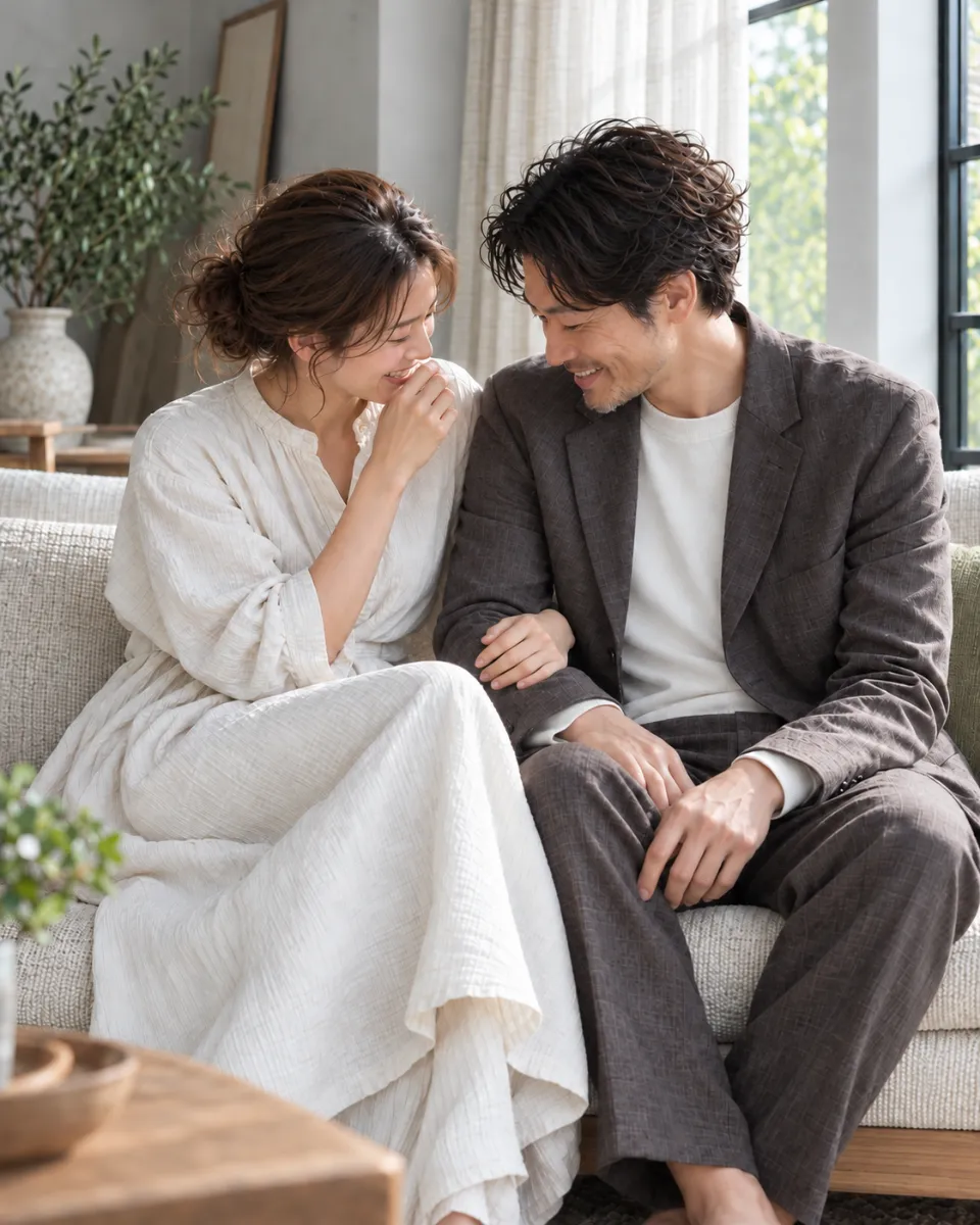 ソファに並んで座り、肩を寄せて笑い合う夫婦